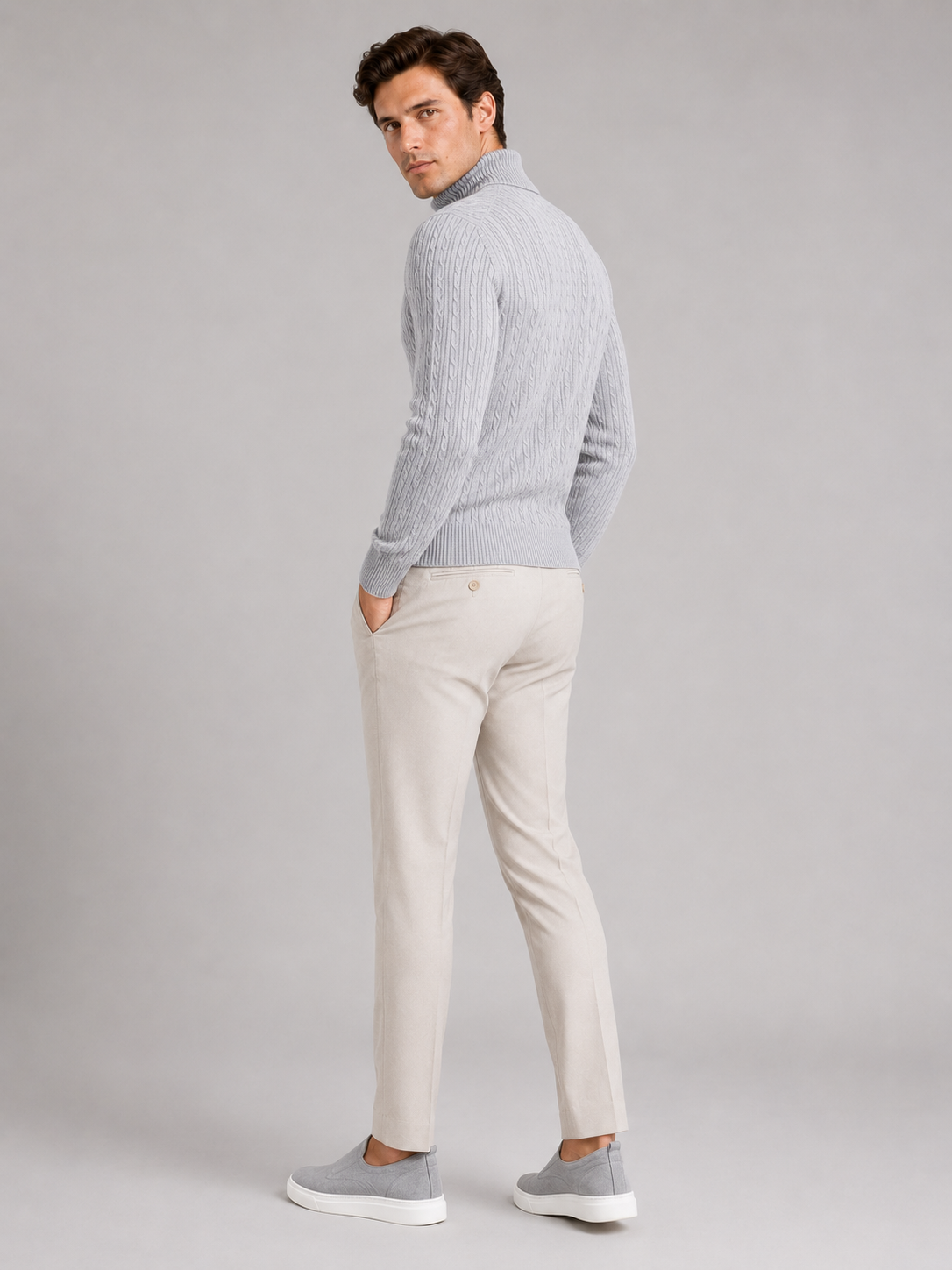 Men's cable knit turtleneck sweater – Light Gray back view – Edward & Lawsen