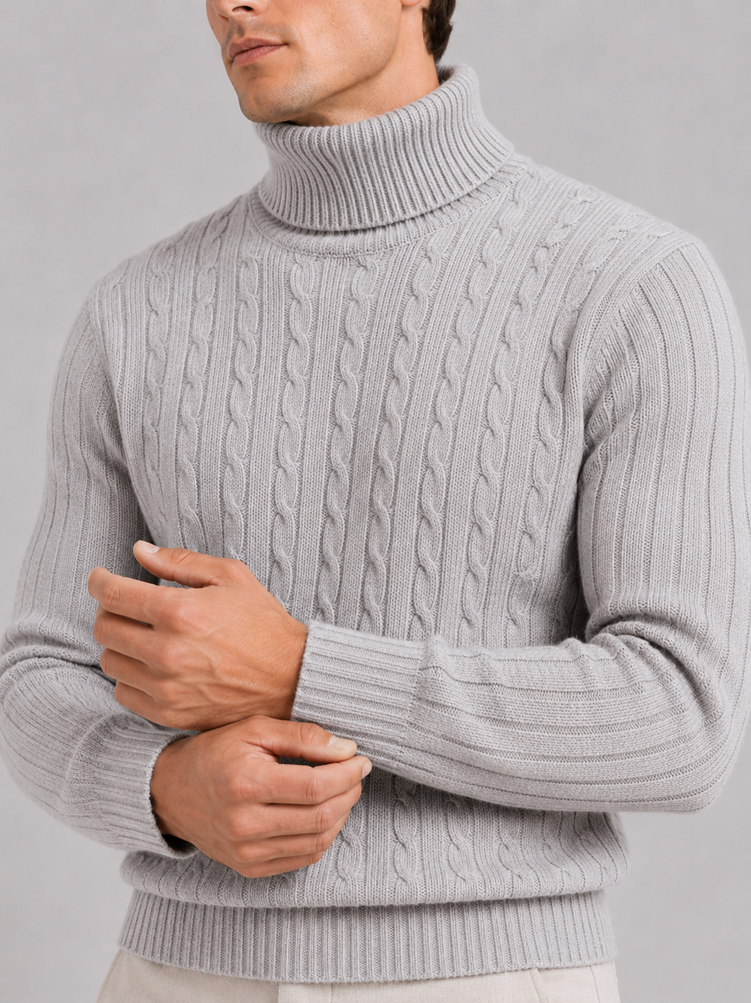 Men's cable knit turtleneck sweater – Light Gray detail view – Edward & Lawsen