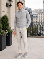 Men's cable knit turtleneck sweater – Light Gray lifestyle view – Edward & Lawsen