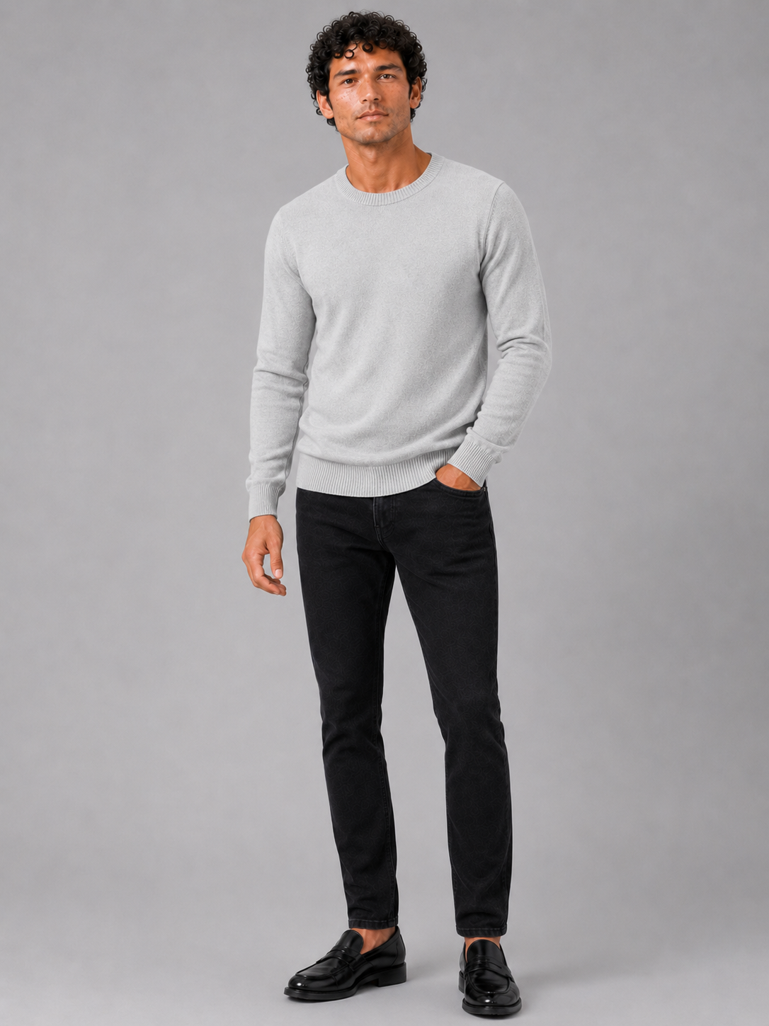 Men's crew neck knit sweater – Light Gray full view – Edward & Lawsen