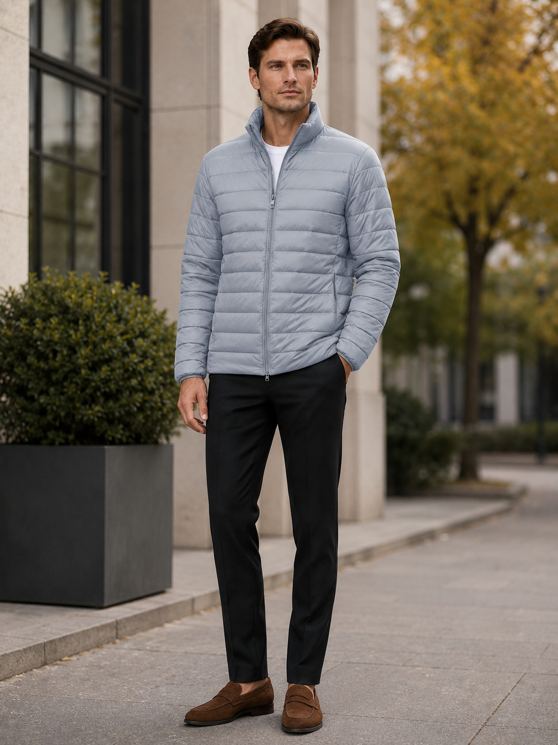 Men's puffer jacket – Light Gray lifestyle view – Edward & Lawsen