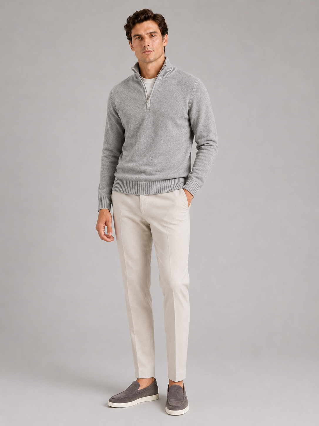 Men's half zip sweater – Light Gray full view – Edward & Lawsen