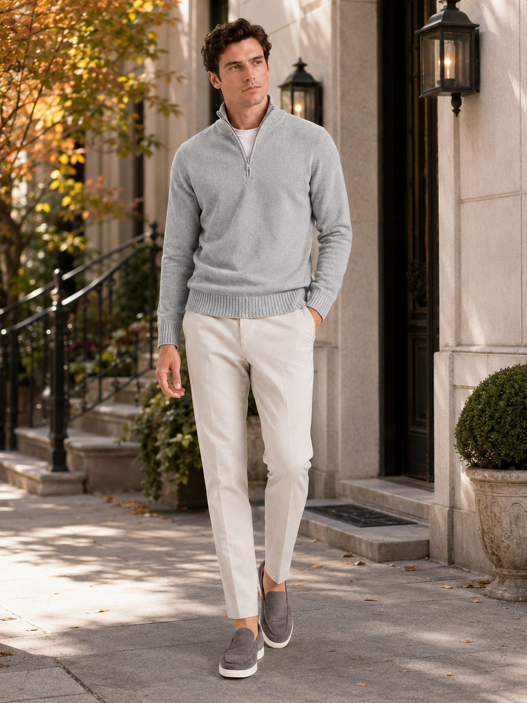 Men's half zip sweater – Light Gray lifestyle view – Edward & Lawsen