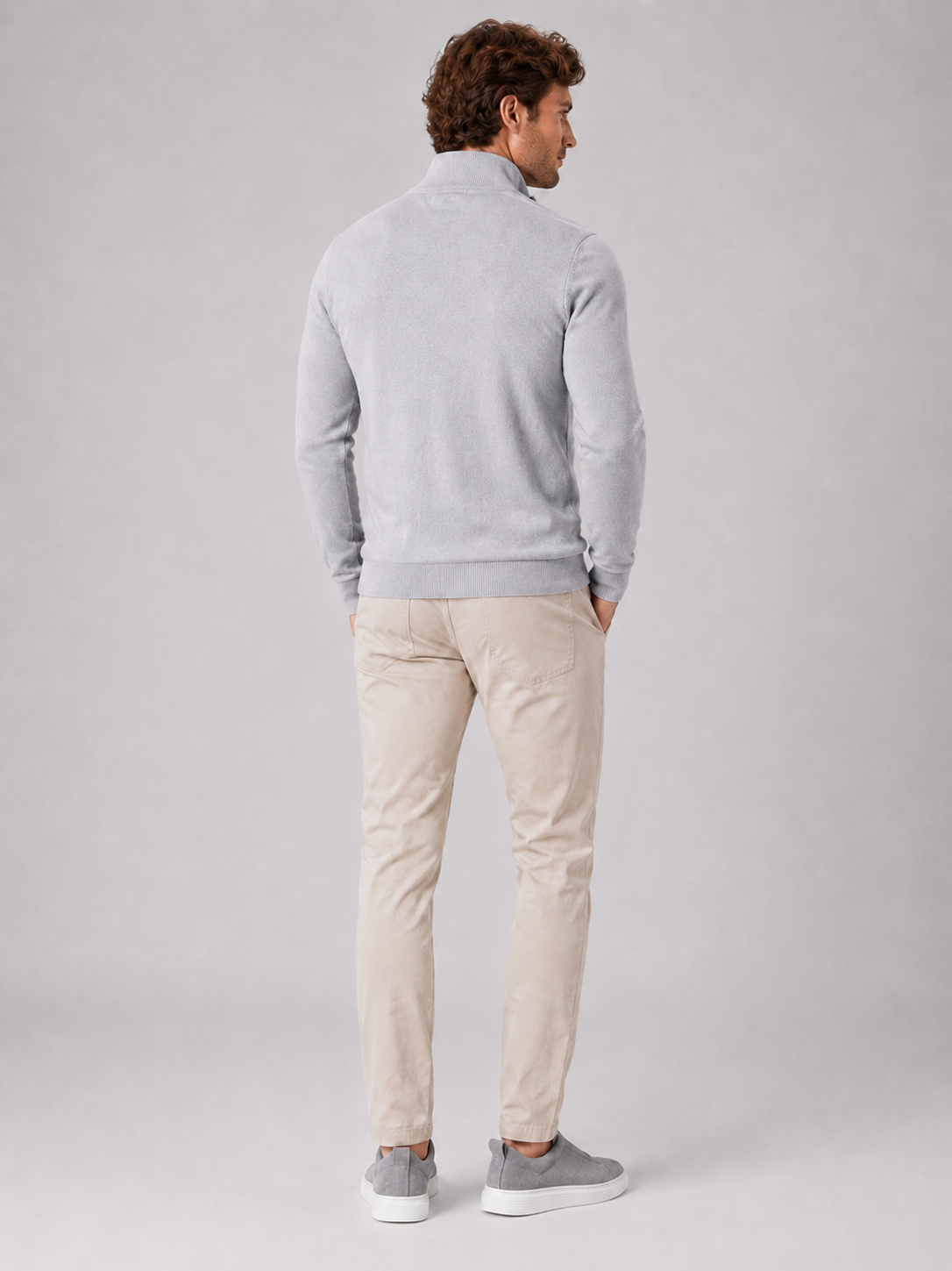 Men's quarter-zip mock neck sweater – Light Gray back view – Edward & Lawsen