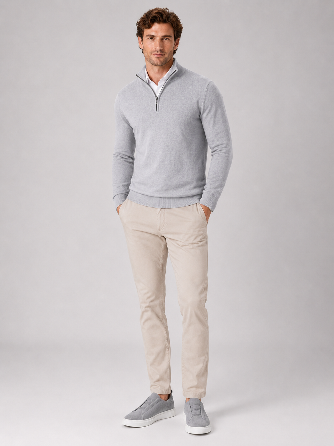 Men's quarter-zip mock neck sweater – Light Gray full view – Edward & Lawsen