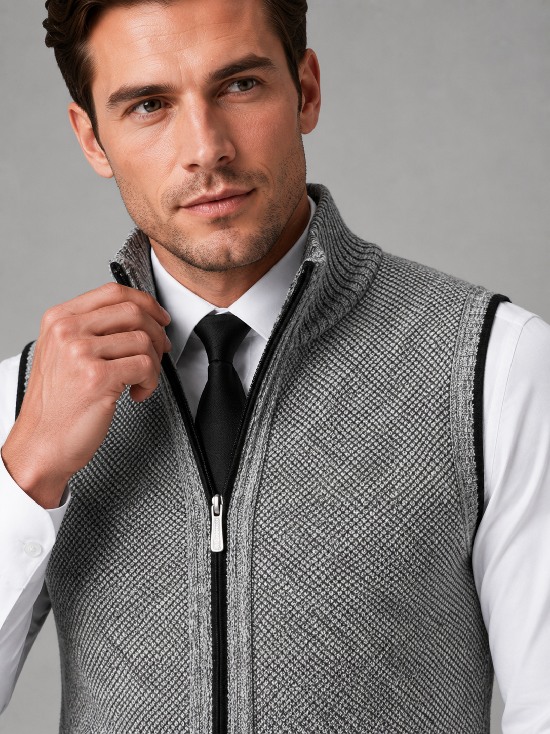 Men's full zip stand collar vest – Light Gray detail view – Edward & Lawsen