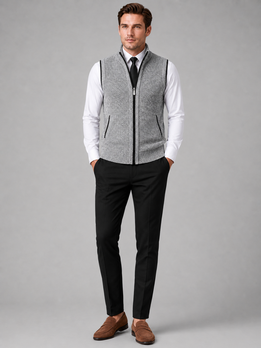 Men's full zip stand collar vest – Light Gray full view – Edward & Lawsen