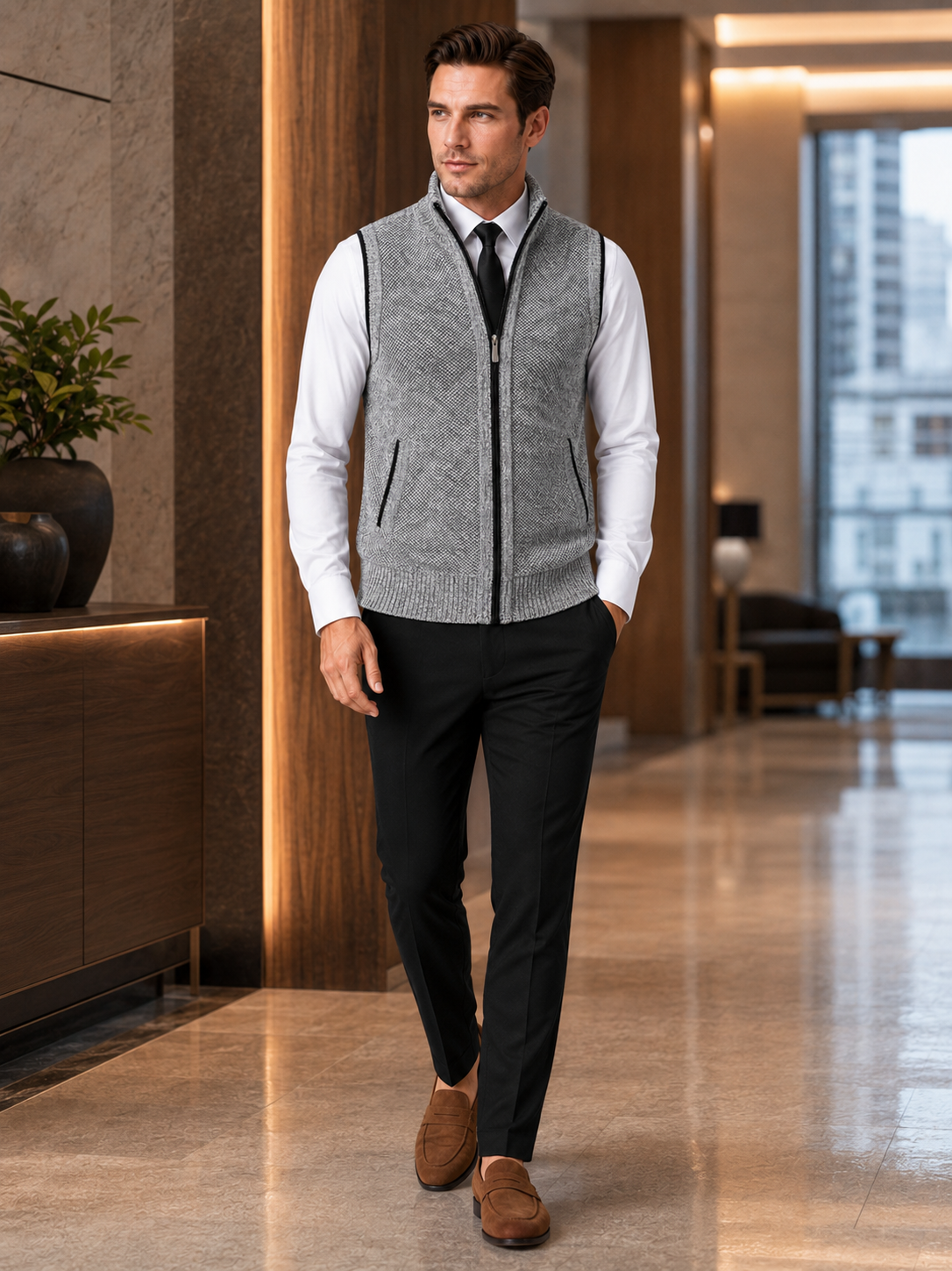 Men's full zip stand collar vest – Light Gray lifestyle view – Edward & Lawsen