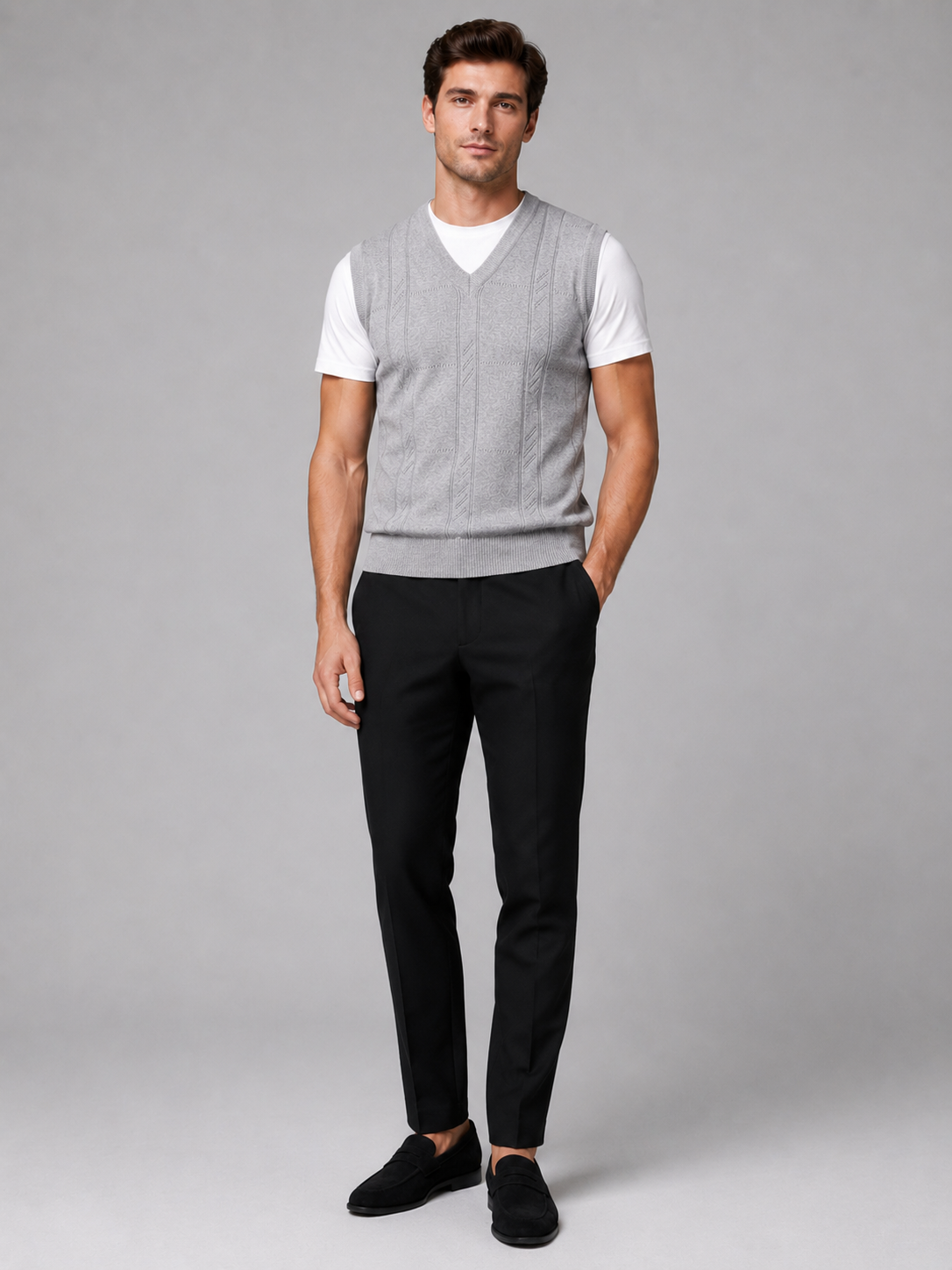 Men's sleeveless sweater vest – Light Gray full view – Edward & Lawsen