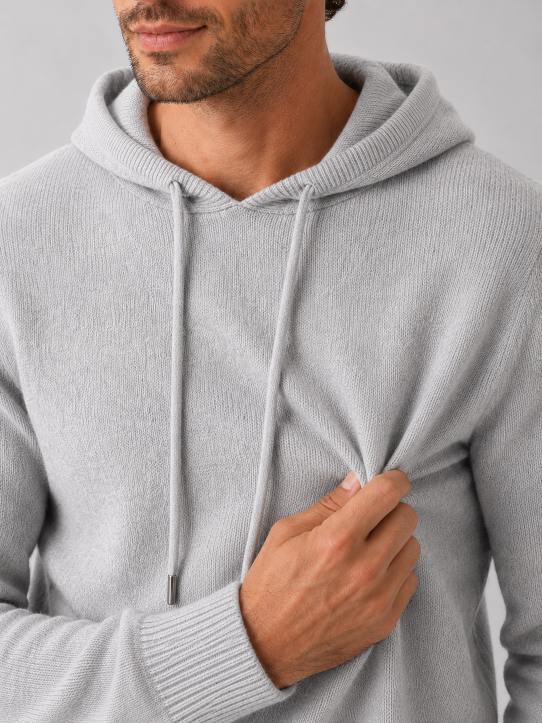 Men's wool hoodie sweater – Light Gray detail view – Edward & Lawsen