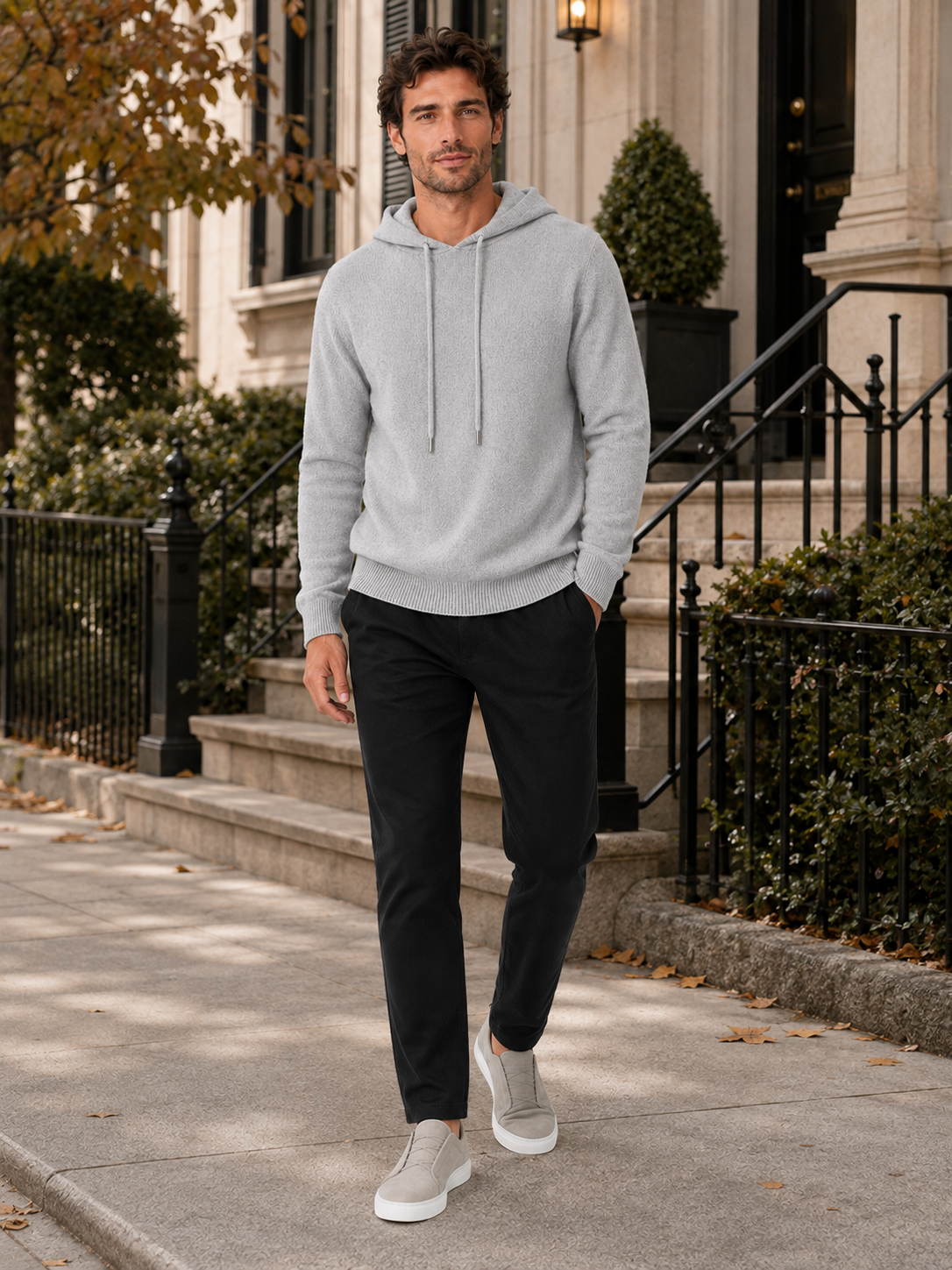 Men's wool hoodie sweater – Light Gray lifestyle view – Edward & Lawsen
