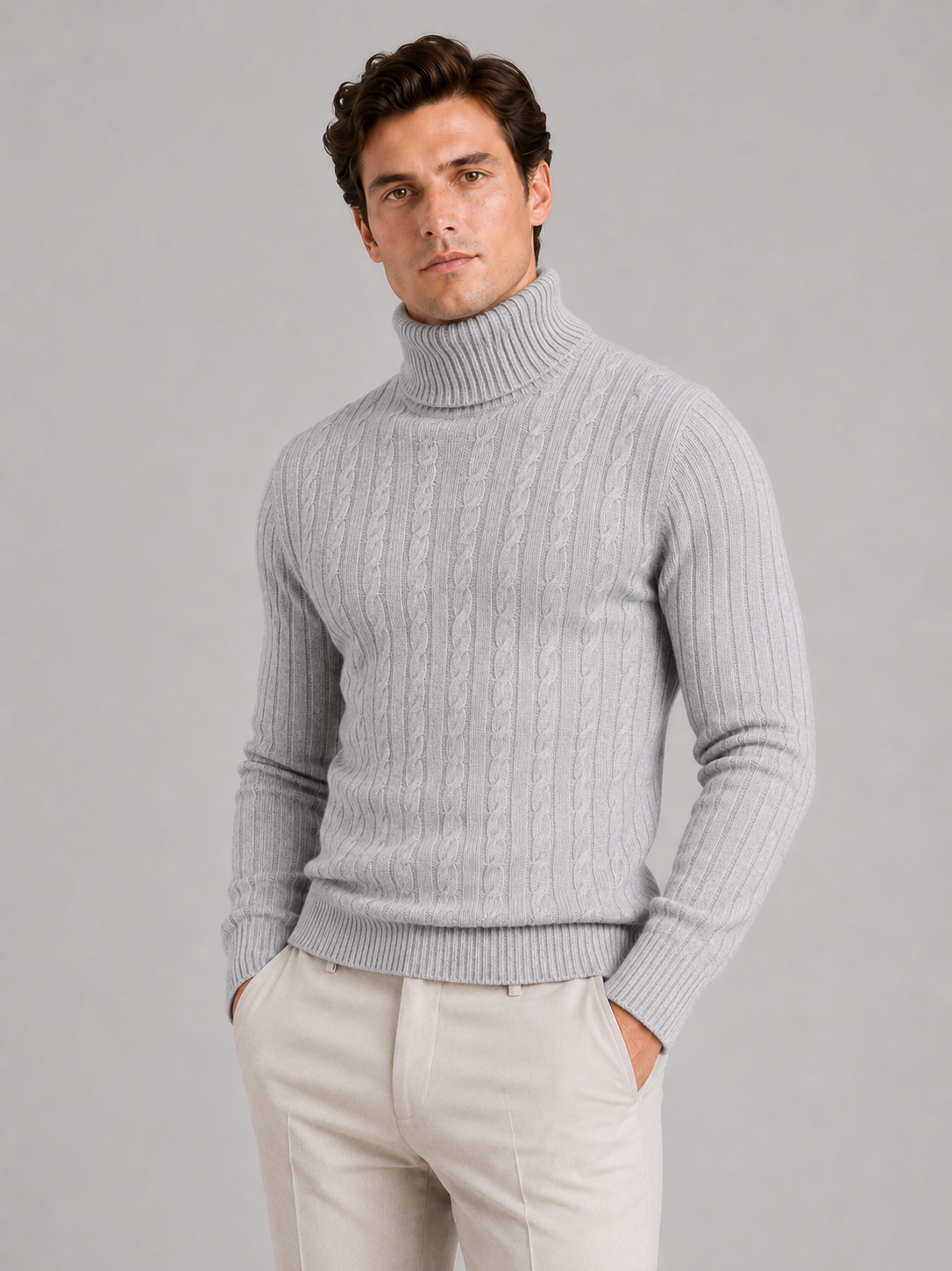 Men's cable knit turtleneck sweater – Light Gray front view – Edward & Lawsen