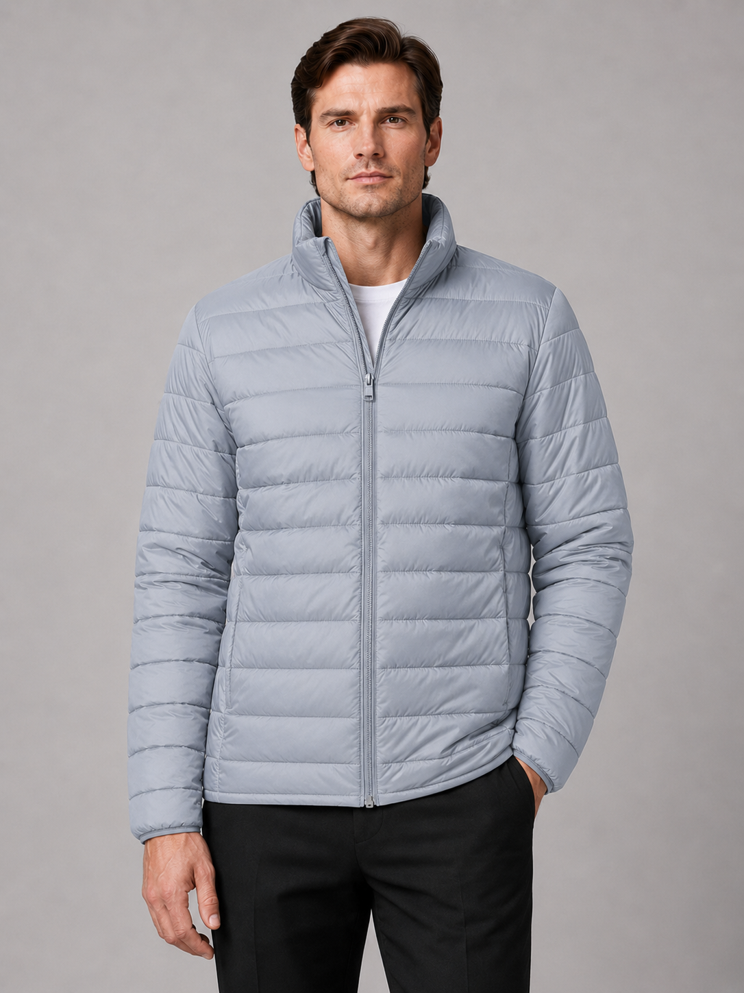 Men's puffer jacket – Light Gray front view – Edward & Lawsen