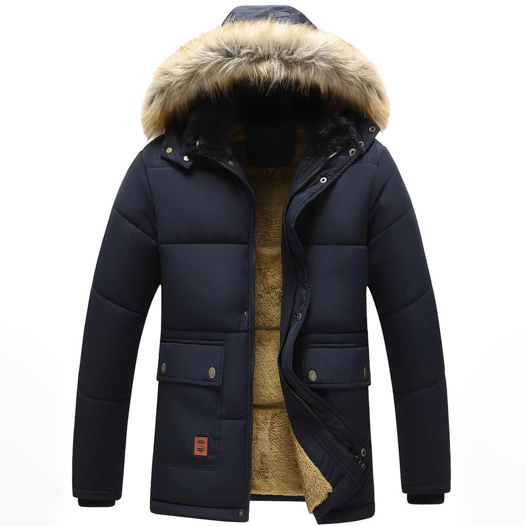 Men's fleece-lined fur-trimmed hooded parka – Navy Blue – Edward Lawson