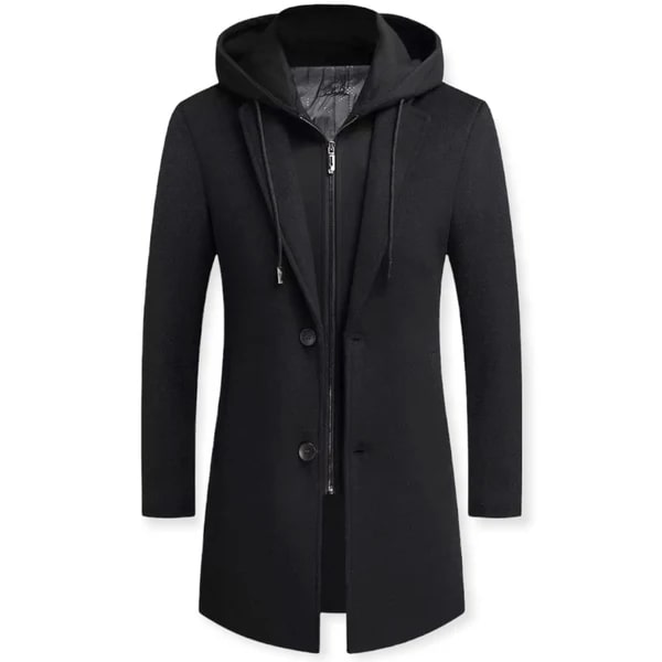 Men's layered hooded longline overcoat – black – Edward Lawson
