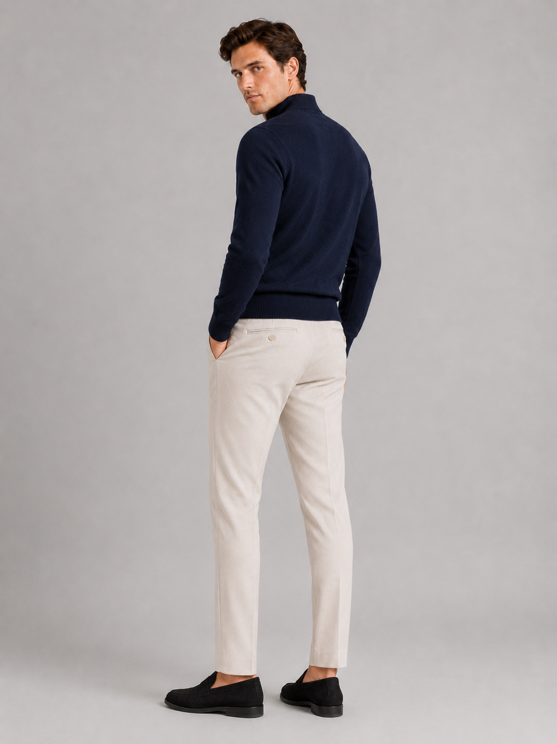 Men's wool half-zip mock neck sweater – Navy back view – Edward & Lawsen