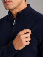 Men's wool half-zip mock neck sweater – Navy detail view – Edward & Lawsen