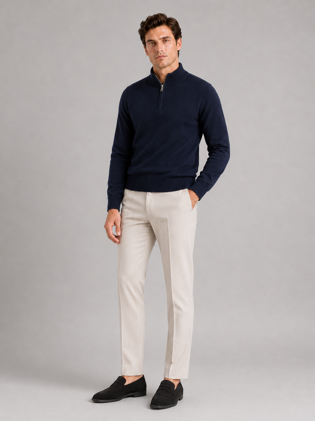 Men's wool half-zip mock neck sweater – Navy full view – Edward & Lawsen