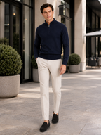 Men's wool half-zip mock neck sweater – Navy lifestyle view – Edward & Lawsen