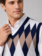 Men's argyle sweater vest – Navy detail view – Edward & Lawsen
