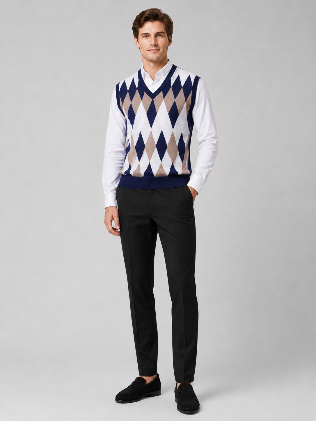 Men's argyle sweater vest – Navy full view – Edward & Lawsen