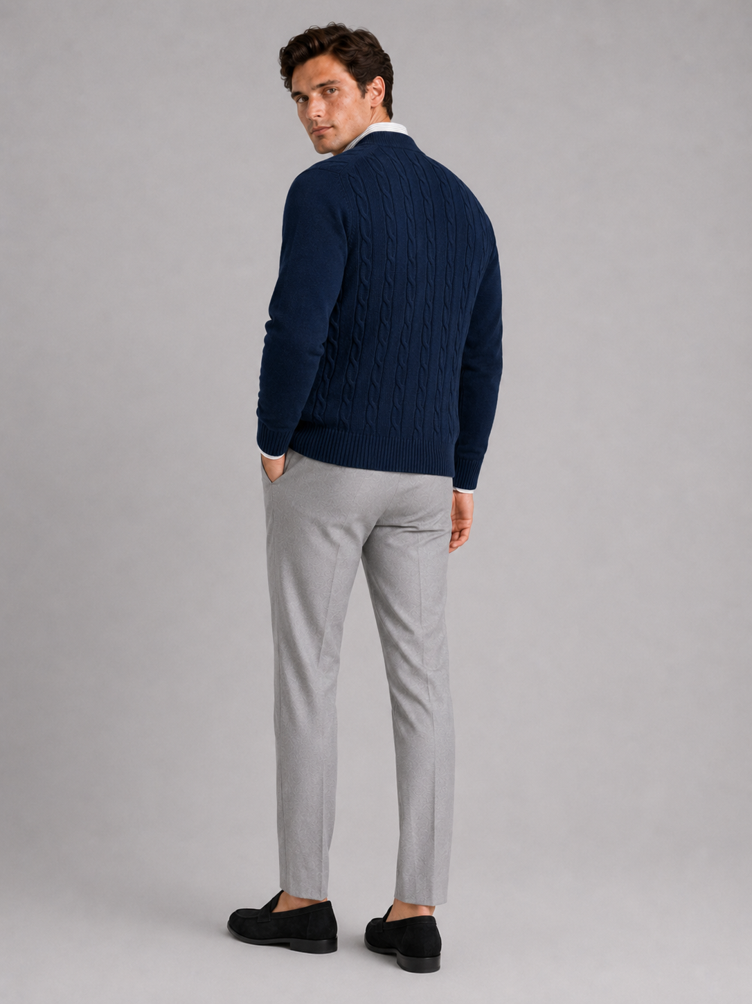 Men's cable knit V-neck cardigan – Navy back view – Edward & Lawsen