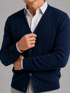 Men's cable knit V-neck cardigan – Navy detail view – Edward & Lawsen