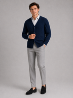 Men's cable knit V-neck cardigan – Navy full view – Edward & Lawsen