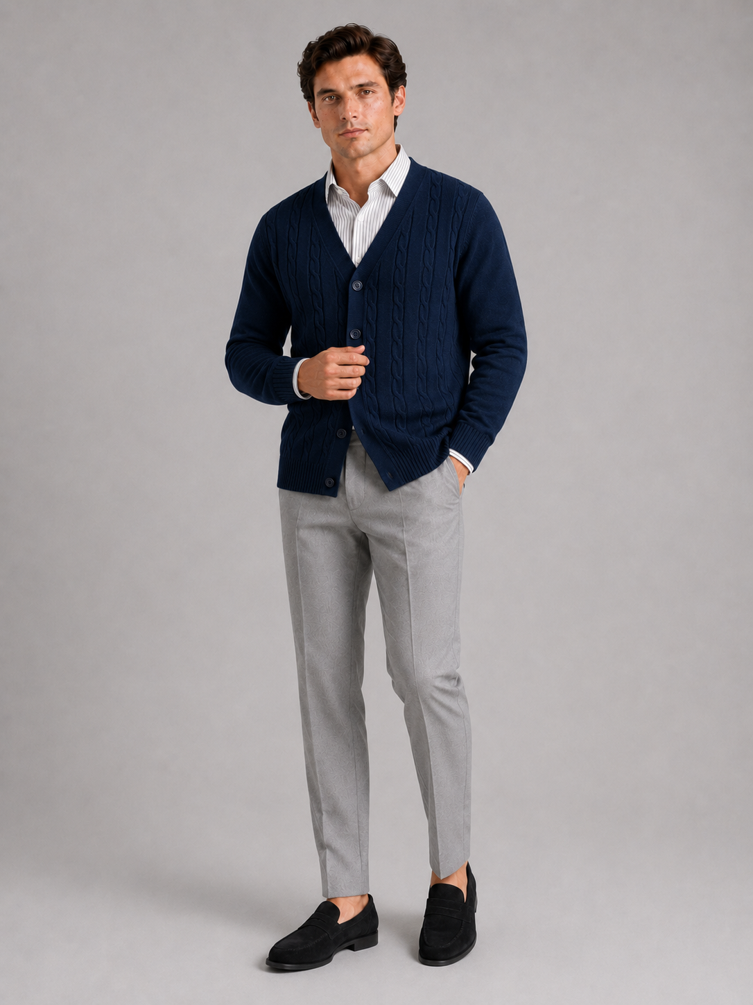 Men's cable knit V-neck cardigan – Navy full view – Edward & Lawsen