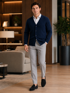Men's cable knit V-neck cardigan – Navy lifestyle view – Edward & Lawsen