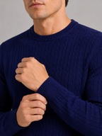 Men's cable knit crew neck sweater – Navy detail view – Edward & Lawsen
