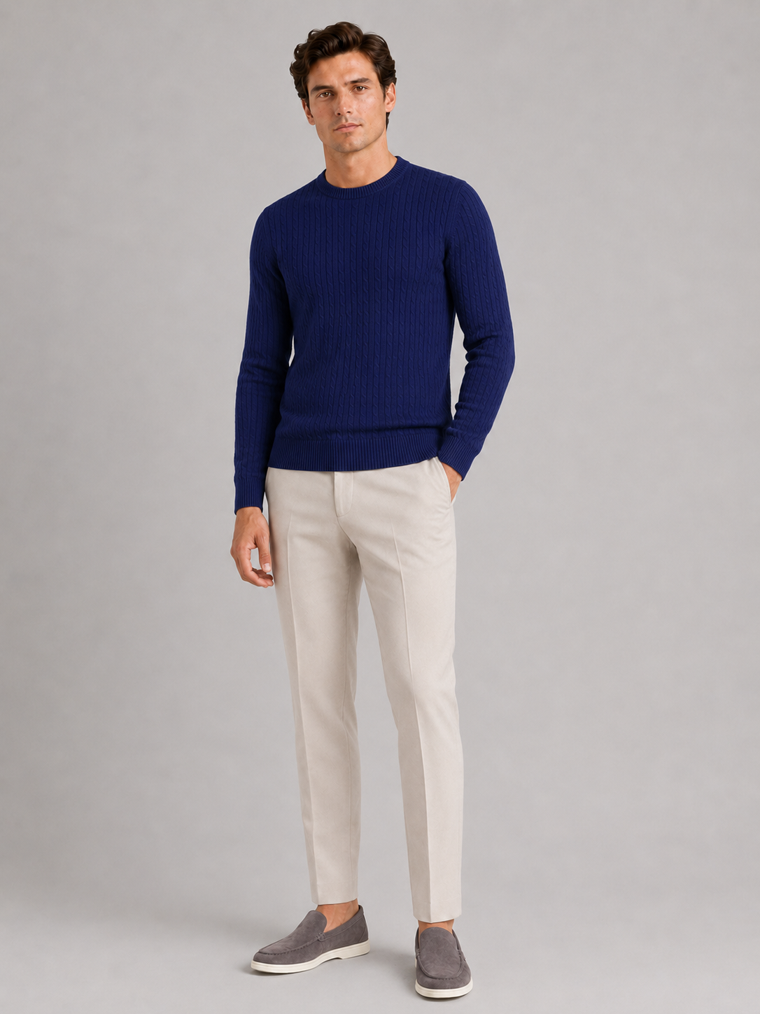 Men's cable knit crew neck sweater – Navy full view – Edward & Lawsen