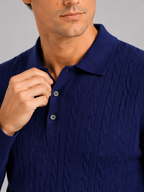Men's cable knit V-neck polo – Navy detail view – Edward & Lawsen