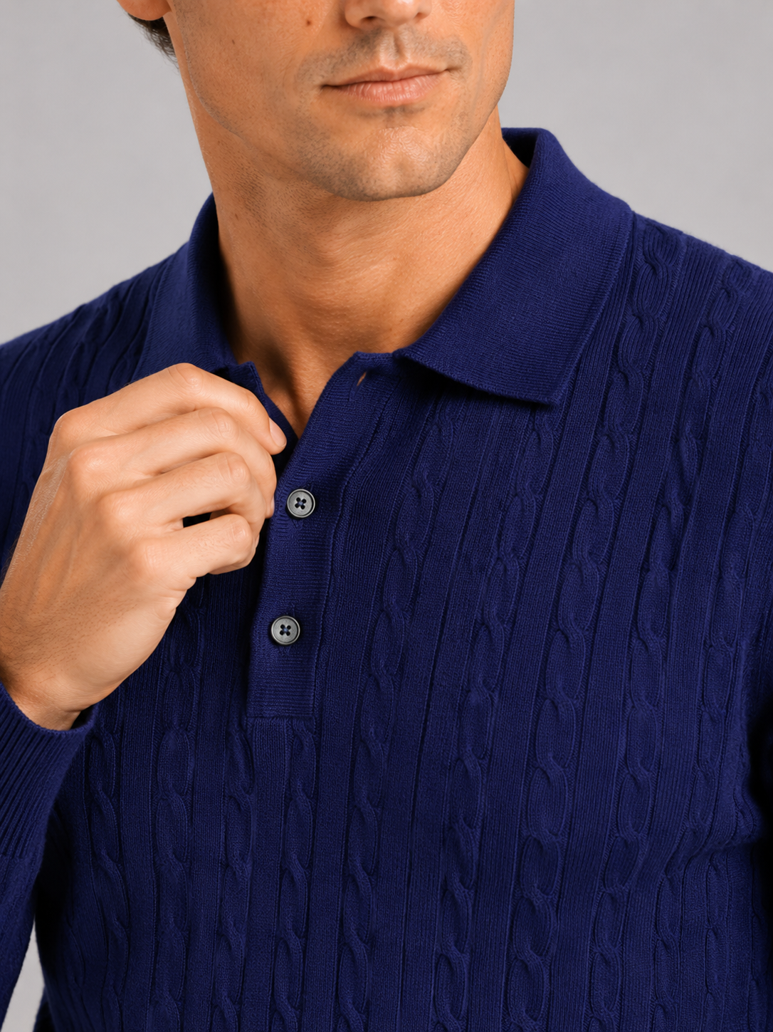 Men's cable knit V-neck polo – Navy detail view – Edward & Lawsen