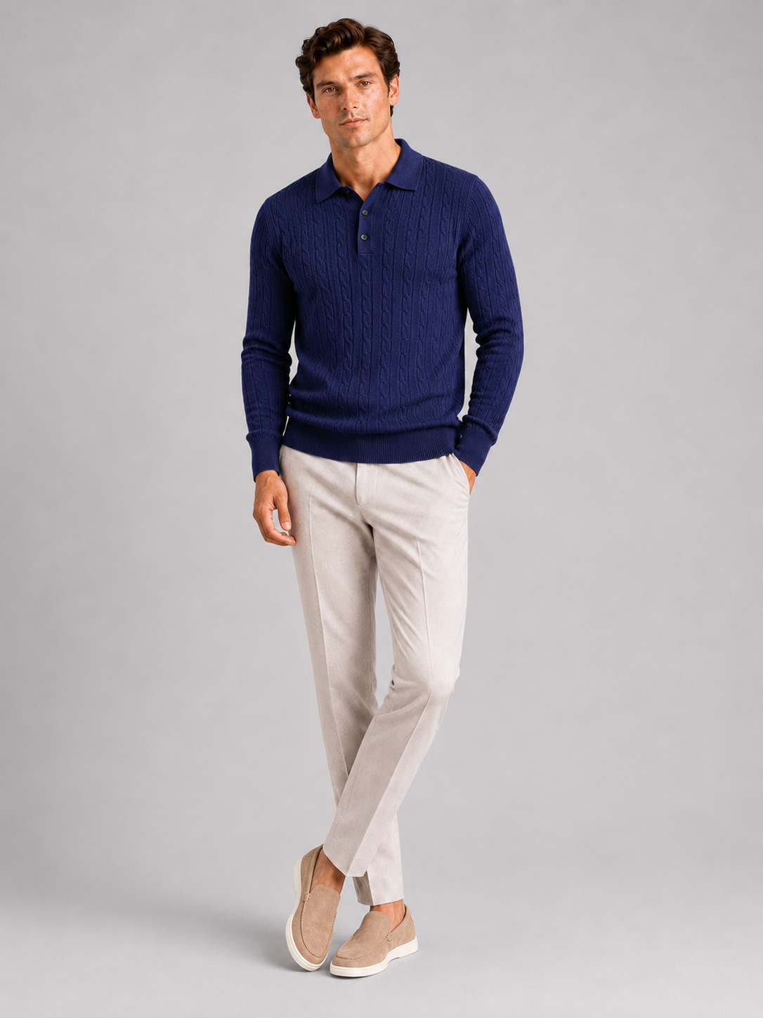 Men's cable knit V-neck polo – Navy full view – Edward & Lawsen