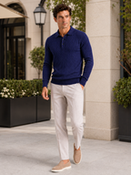 Men's cable knit V-neck polo – Navy lifestyle view – Edward & Lawsen
