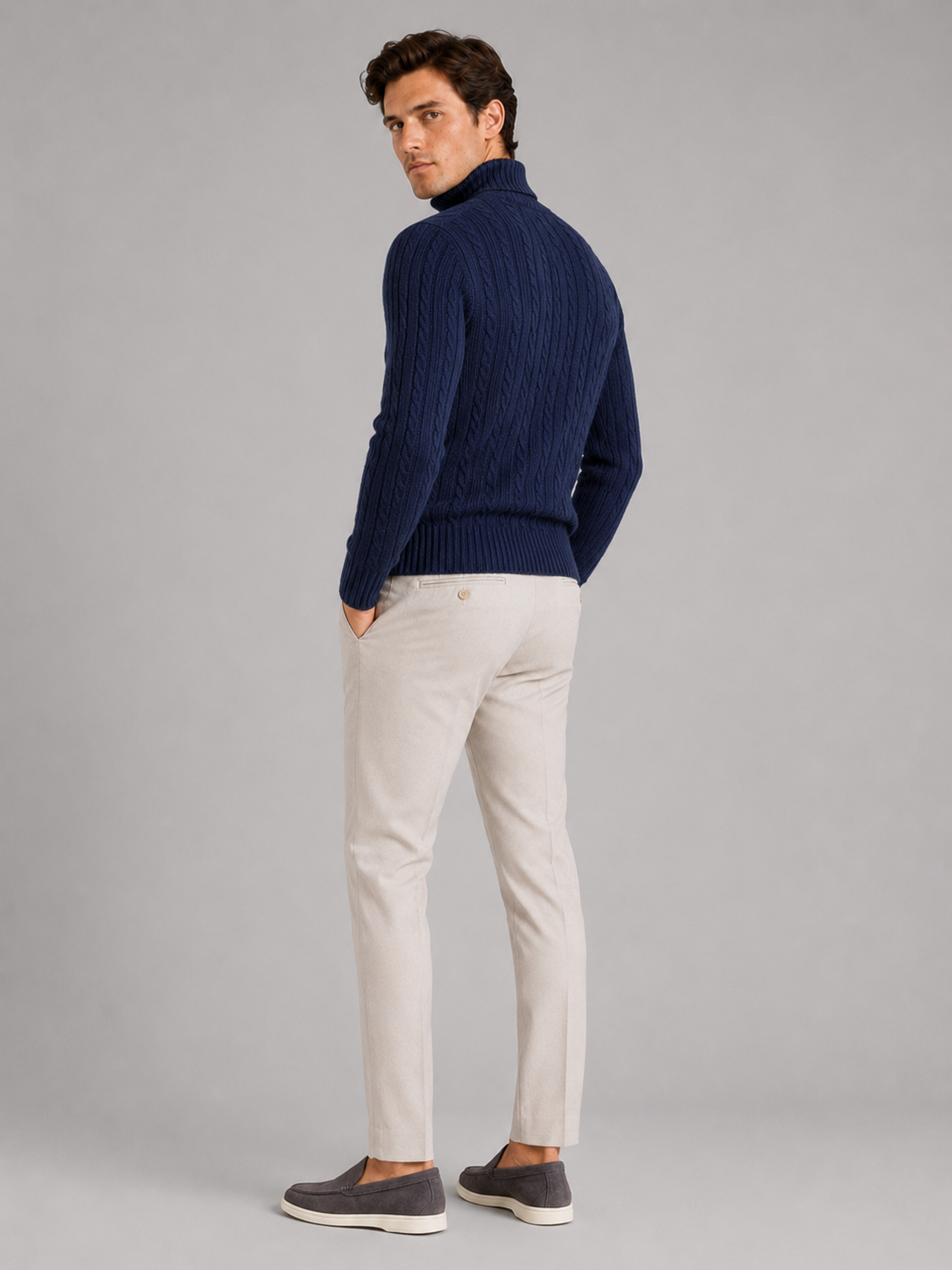 Men's cable knit turtleneck sweater – Navy back view – Edward & Lawsen