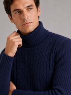Men's cable knit turtleneck sweater – Navy detail view – Edward & Lawsen