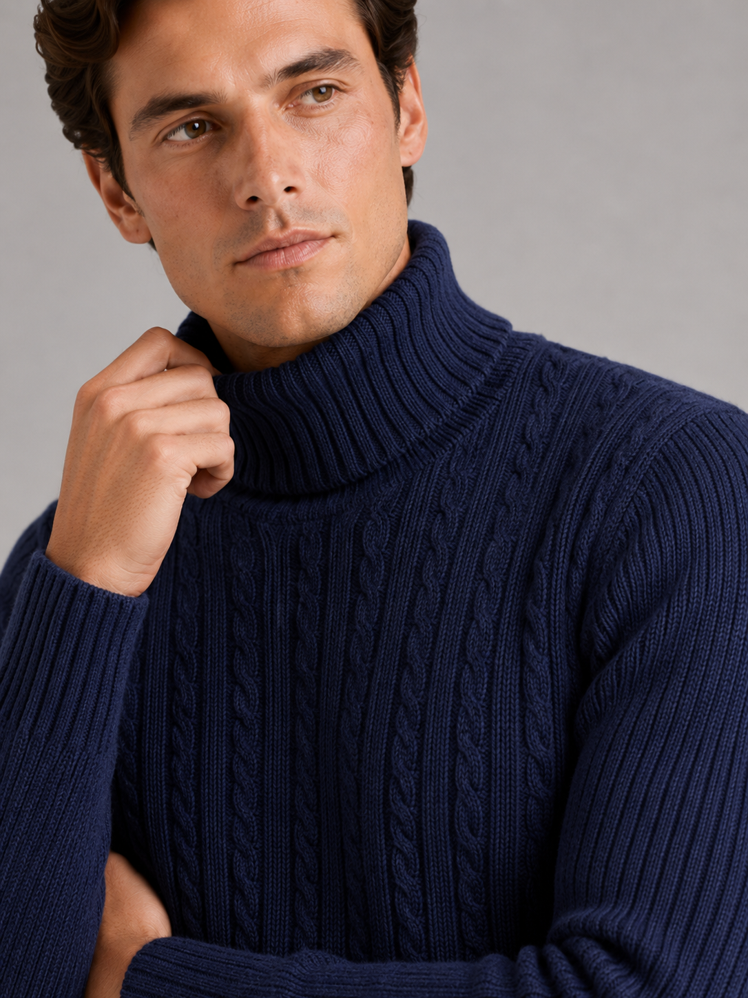 Men's cable knit turtleneck sweater – Navy detail view – Edward & Lawsen
