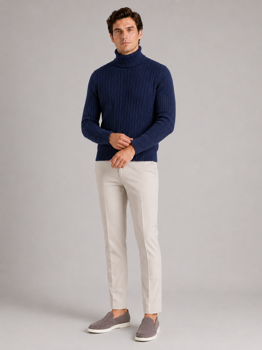 Men's cable knit turtleneck sweater – Navy full view – Edward & Lawsen