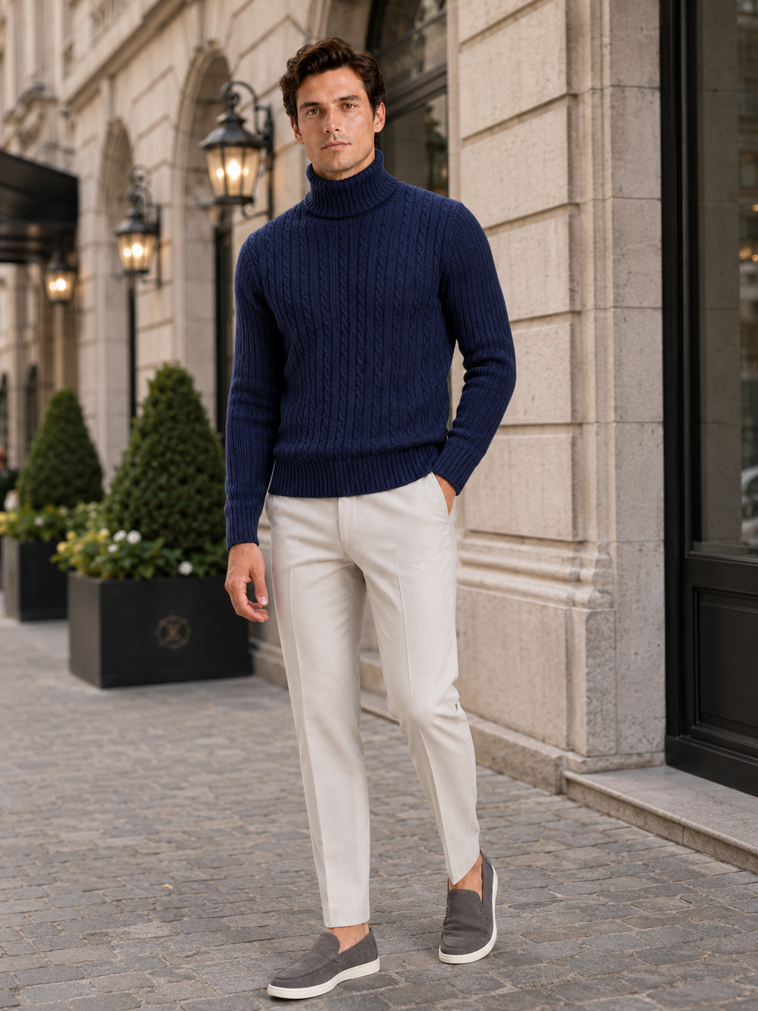 Men's cable knit turtleneck sweater – Navy lifestyle view – Edward & Lawsen