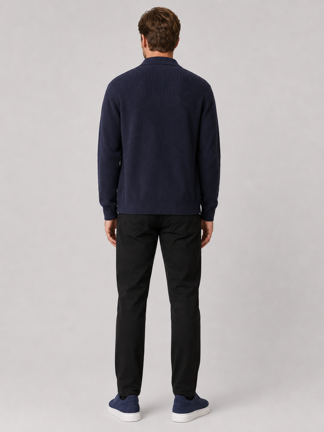 Men's open front cardigan – Navy back view – Edward & Lawsen