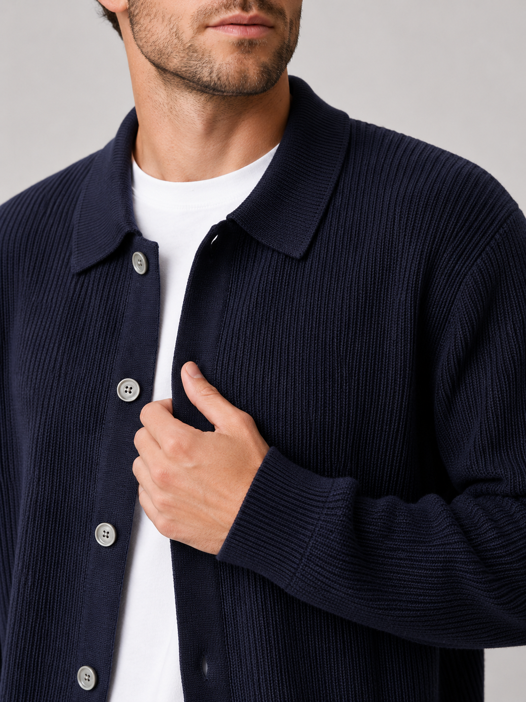 Men's open front cardigan – Navy detail view – Edward & Lawsen