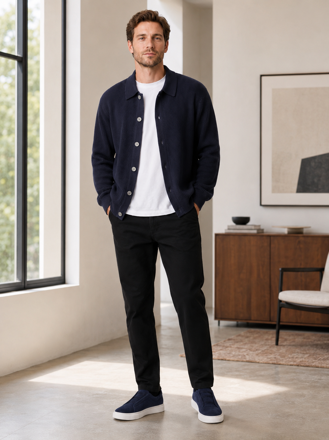 Men's open front cardigan – Navy lifestyle view – Edward & Lawsen