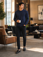 Men's crew neck knit sweater – Navy lifestyle view – Edward & Lawsen