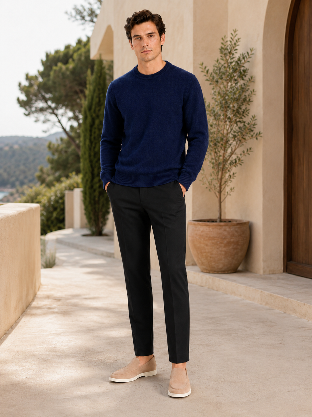 Men's wool crewneck sweater – Navy lifestyle view – Edward & Lawsen