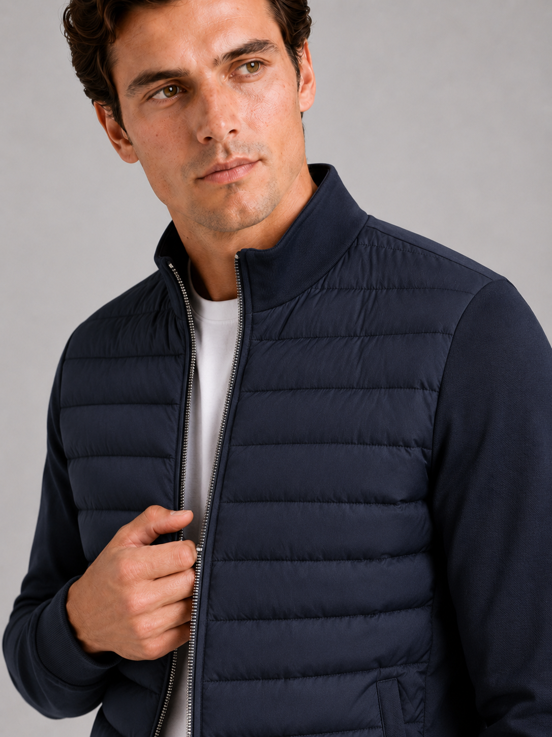 Men's down fall jacket – Navy detail view – Edward & Lawsen