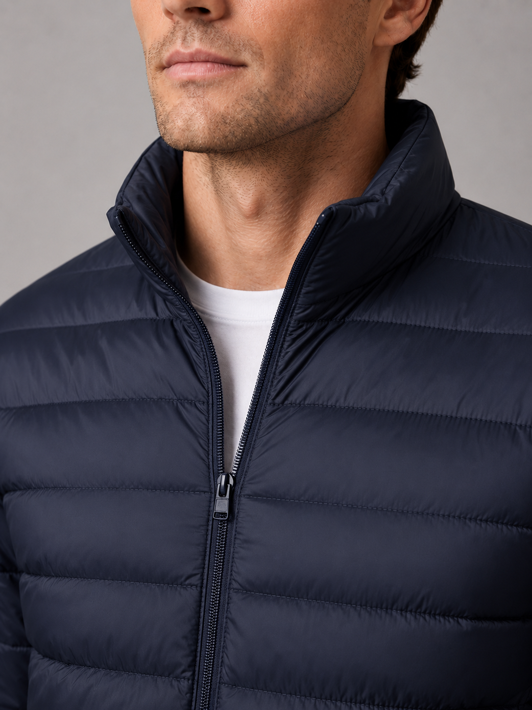 Men's puffer jacket – Navy detail view – Edward & Lawsen