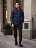 Men's puffer jacket – Navy lifestyle view – Edward & Lawsen