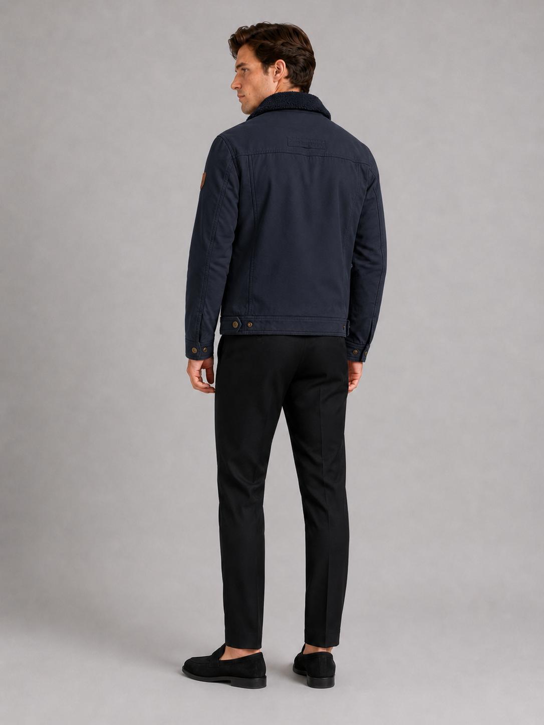Men's windproof fleece jacket with faux fur-style collar – Navy back view – Edward & Lawsen